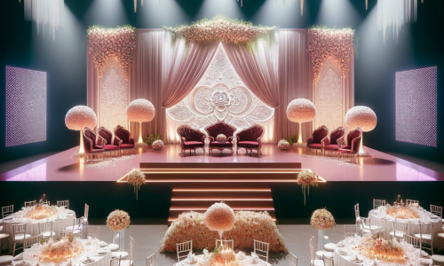DALL·E 2024-01-24 12.40.16 - An elegant wedding decoration setup featuring a bridal Kosha, theater stage, rose wall, special lighting, and rose decorations for tables and chairs.