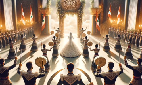 DALL·E 2024-01-24 14.46.22 - An image of a Syrian-Lebanese wedding featuring the Arada Shamia dance. The scene should include a wedding ceremony with 10 people, some holding sword
